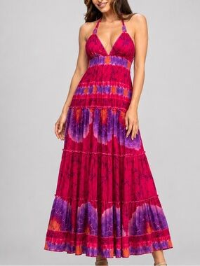 🆕🌸💖Peace + Love Maxi Dress Pink Purple Boho Tie Dye Beach Resort Dress Size L
